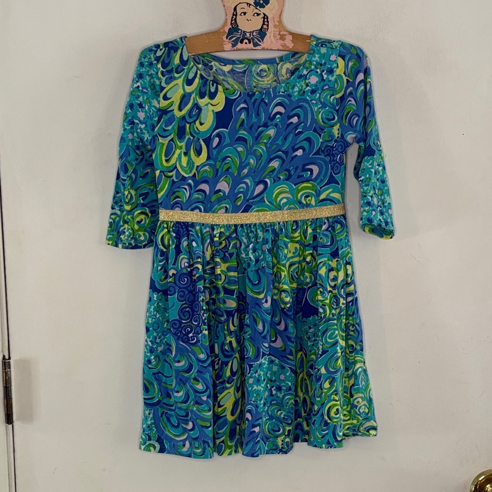Lilly Pulitzer long sleeve blue green dress with gold metallic waistband Size S